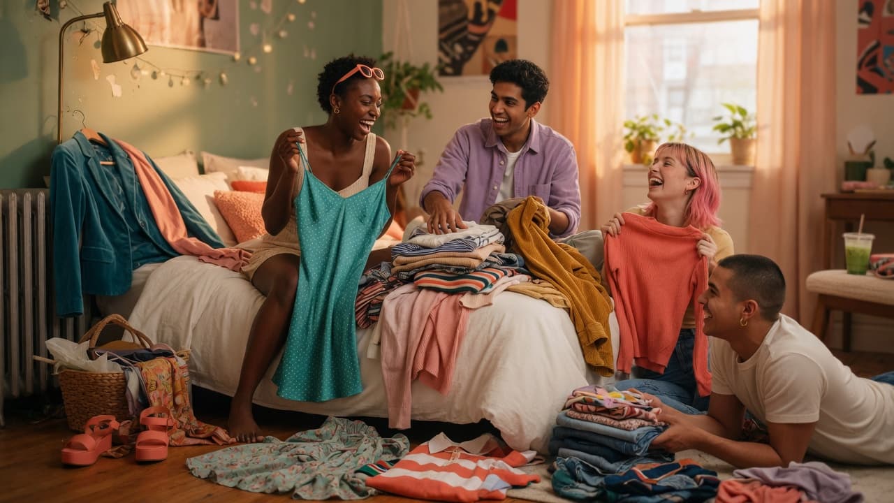 Friends laughing while sharing thrifted clothes in a sunny room